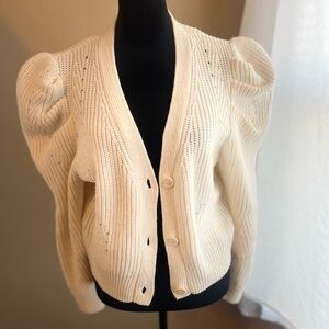 White puff sleeve knit cardigan